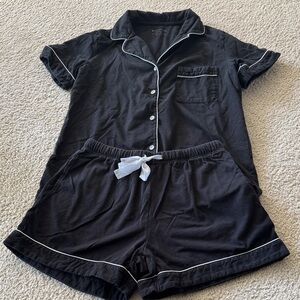 Black Short Sleeve Pajama Set with White Trim